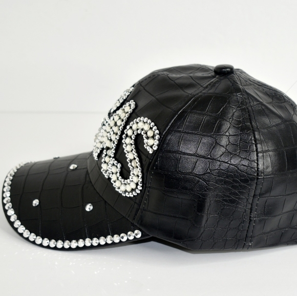 Women's Leather Baseball Cap with Vegas in Rhinestones - Picture 3 of 6